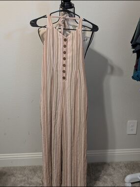 American Eagle Outfitters Pink and White Striped Halter Jumpsuit